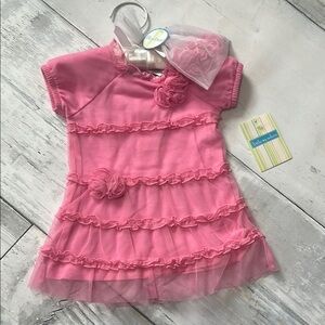 NWT BABY GIRL Pink Ruffled Dress WITH headband 0-3 months